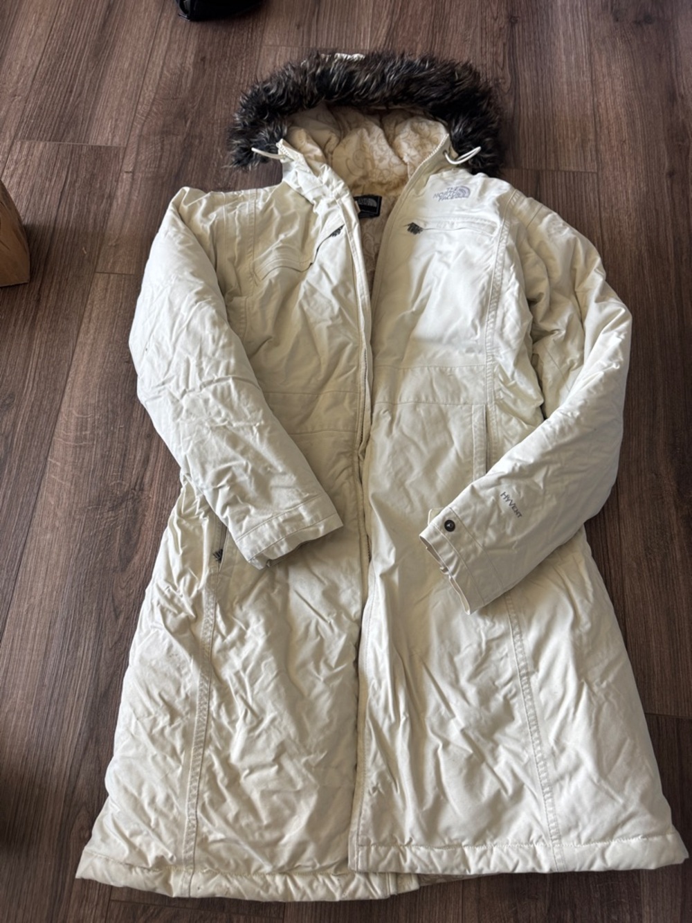 The North Face Women's Cream Long Insulated Trench Coat with Faux-Fur Hood
